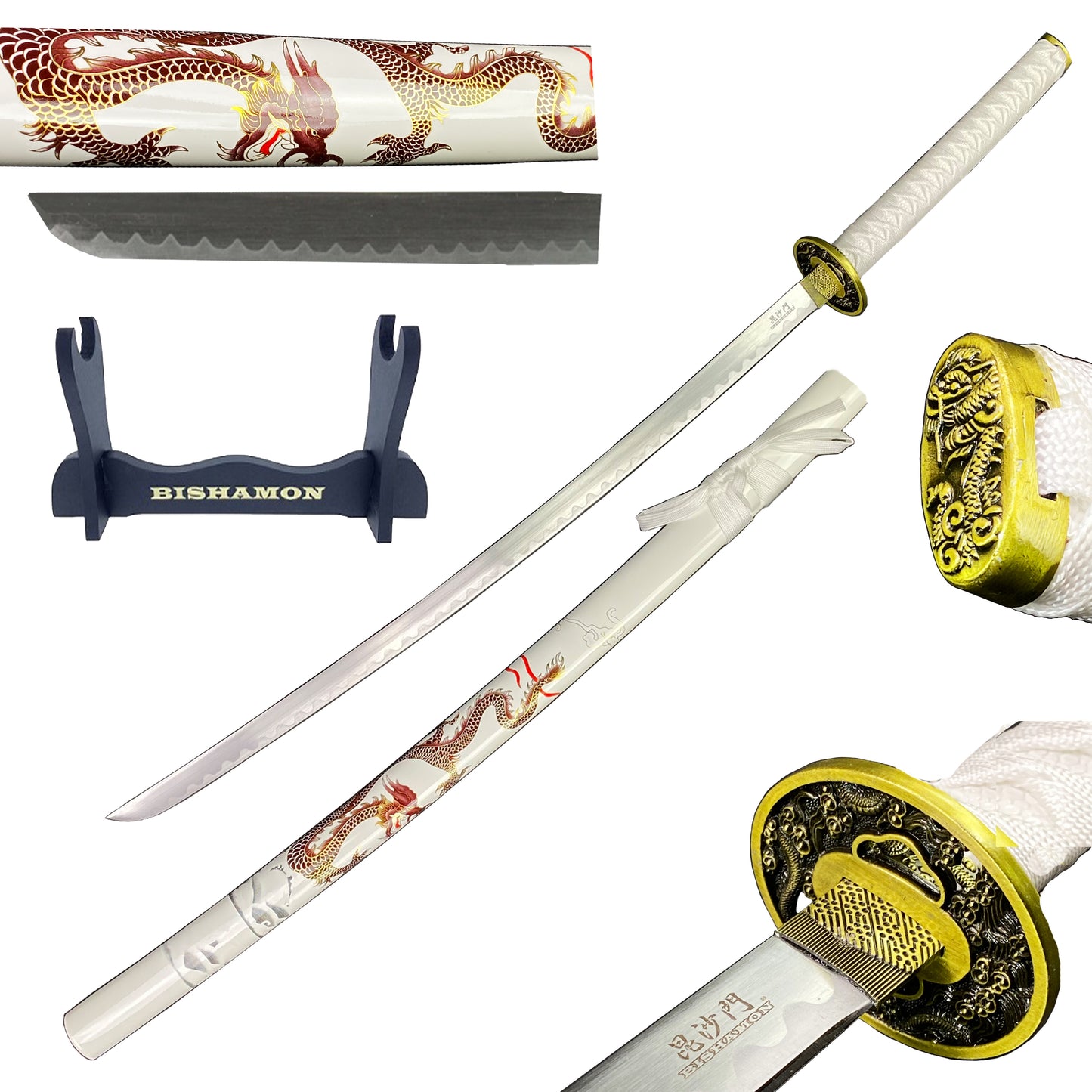Bishamon Samurai Sword White Dragon Scabbard W/ Stand