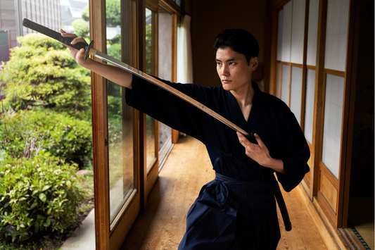 A man drawing an expensive katana in a garden.