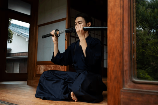 A man holding a katana sword.