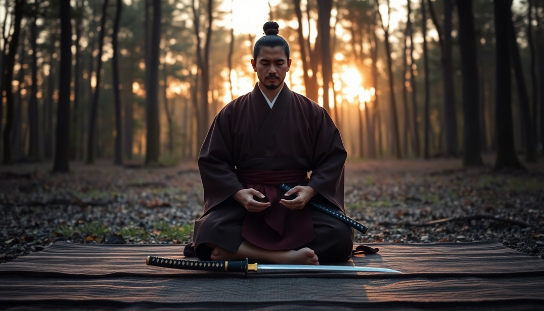 A tranquil scene featuring a samurai in traditional attire meditating in a forest clearing at dawn. His katana and wakizashi rest respectfully beside him on a wooden mat. 