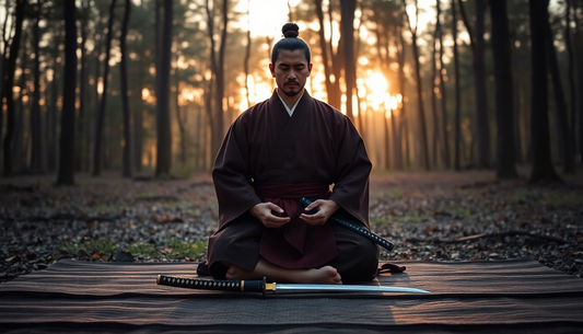 A tranquil scene featuring a samurai in traditional attire meditating in a forest clearing at dawn. His katana and wakizashi rest respectfully beside him on a wooden mat. 