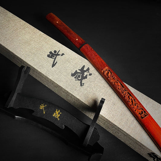A katana with proper cleaning and display tools.
