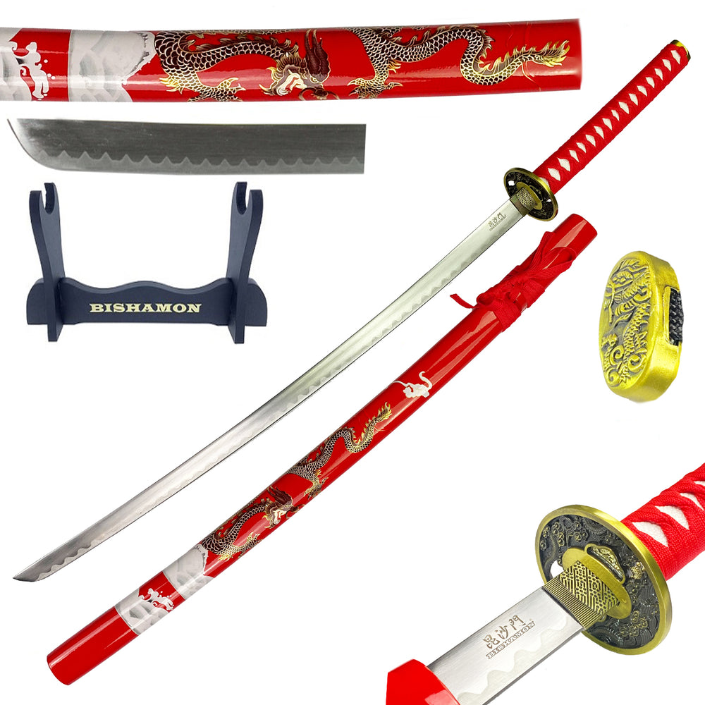 Bishamon Samurai Sword Red Dragon Scabbard W/ Stand
