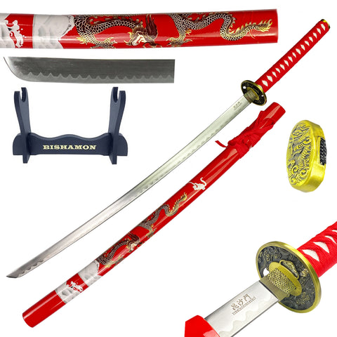 Bishamon Samurai Sword Red Dragon Scabbard W/ Stand