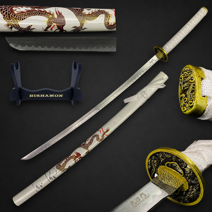 Bishamon Samurai Sword White Dragon Scabbard W/ Stand