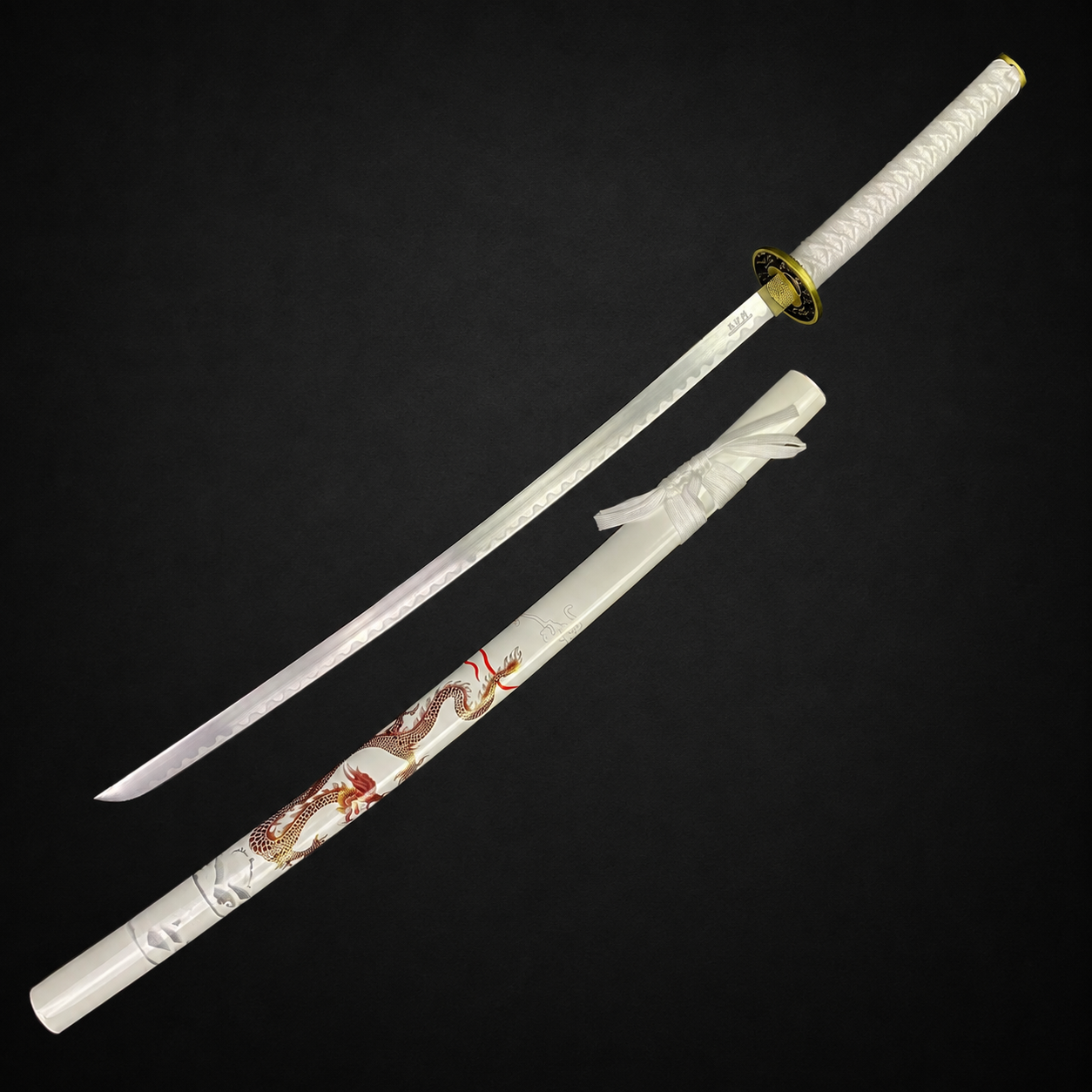 Bishamon Samurai Sword White Dragon Scabbard W/ Stand