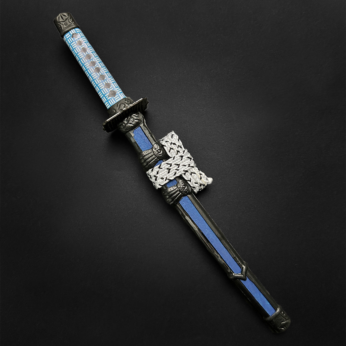 Musashi Swords Mini Katana Mini Samurai Sword Letter Opener with blue and white handle and sheath
