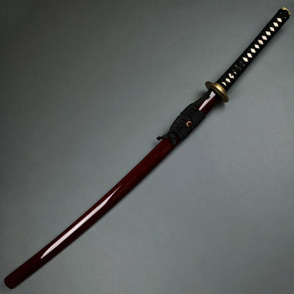 Musashi Tsuru Katana samurai sword with glossy red scabbard and black handle by Musashi Swords