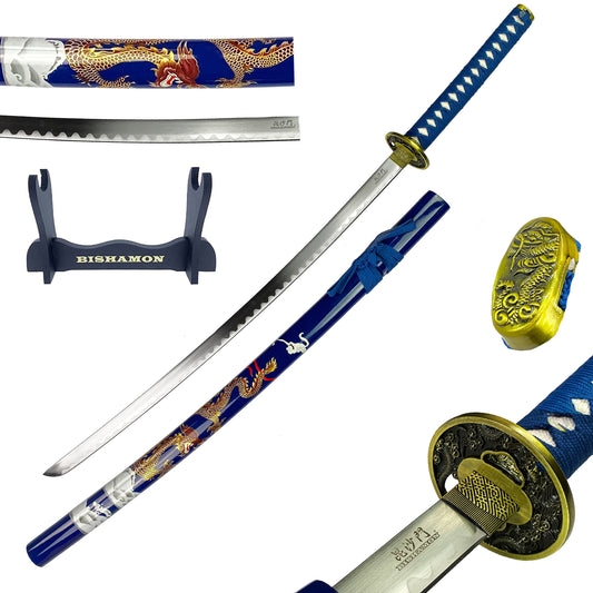 Bishamon Dragon on Scabbard Blue Samurai Sword w/ Stand Set